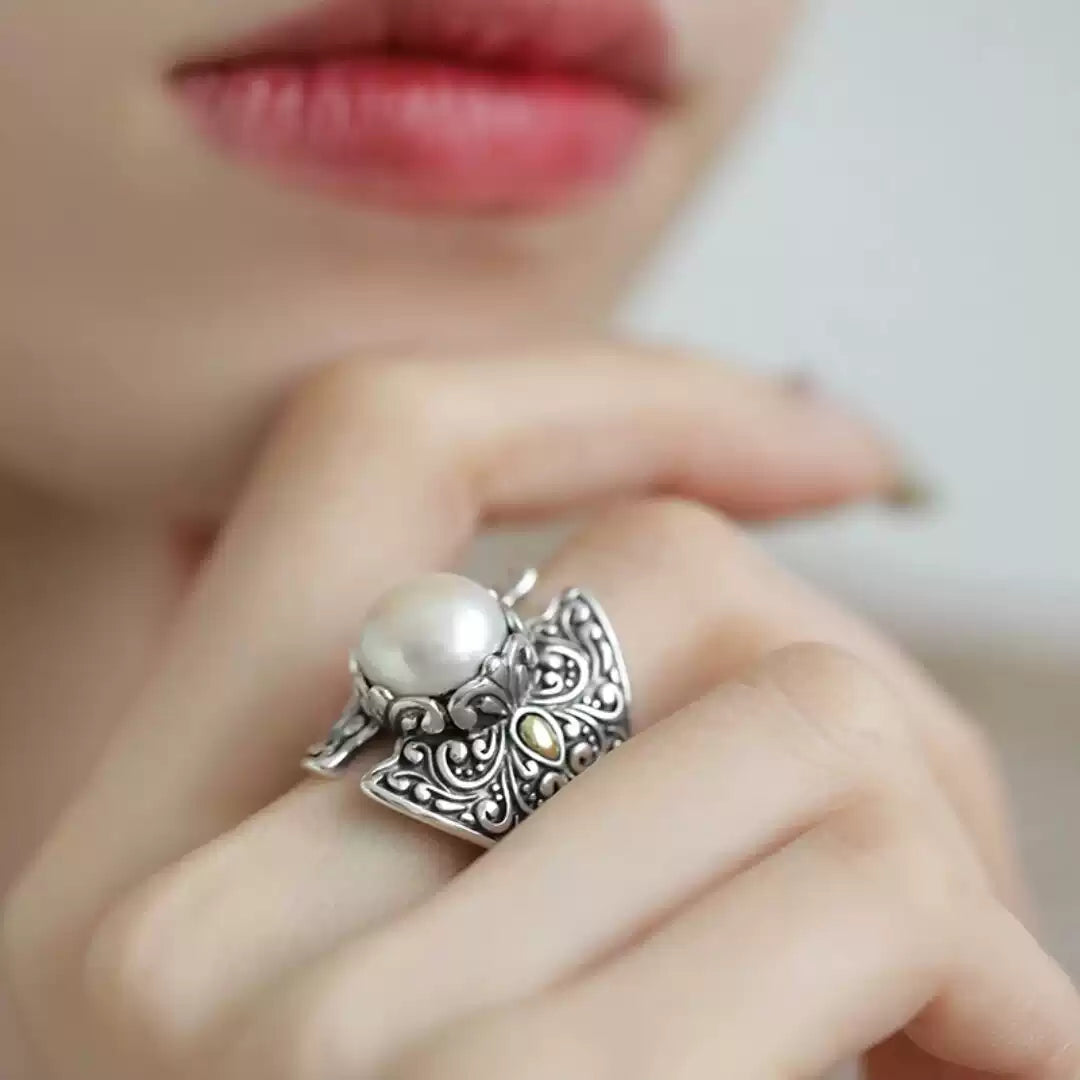 Vintage Pearl Statement Ring | Antique Silver Filigree Band