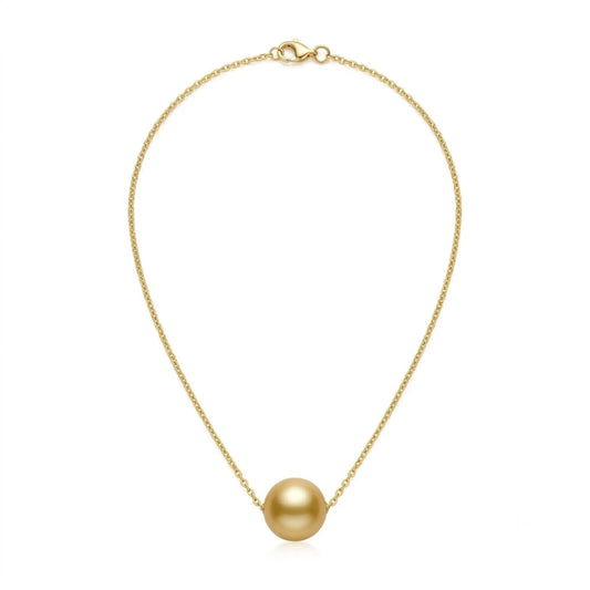 18K Solid Gold South Sea Golden Pearl Pendant, 10-10.5mm Rare Deep Gold Necklace