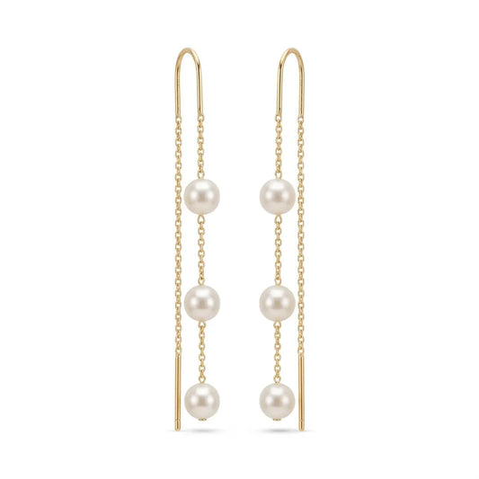 18K Gold Akoya Pearl Three Stone Drop Threader Earrings
