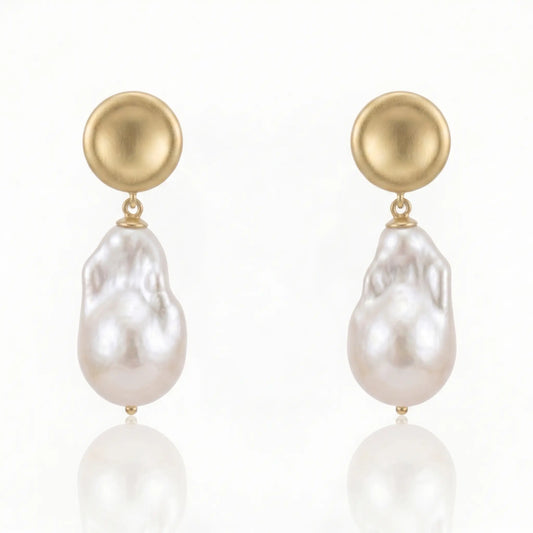18K Gold Plated Brushed Disc Baroque Pearl Drop Earrings