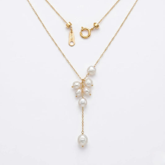 18K Solid Gold Baroque Pearl Lariat Necklace for Women Wedding Bridal Jewelry