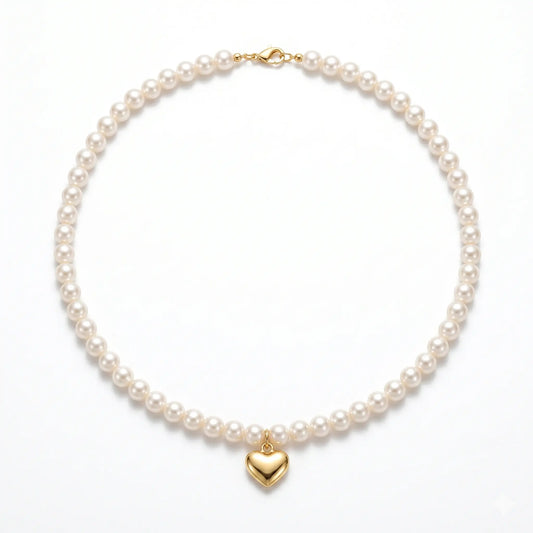 Genuine 5-5.5mm Pearl Choker with 18K Solid Gold Heart Pendant
