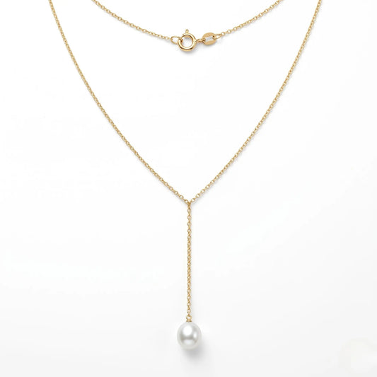 18K Solid Gold Tiny Rice Pearl Lariat Necklace