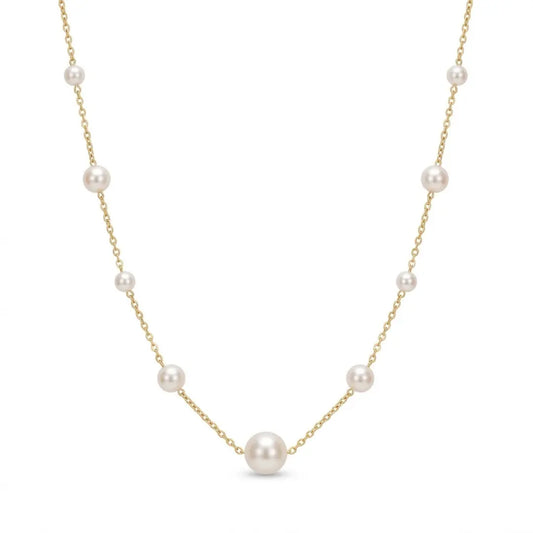 Solid 18K Gold Untreated Freshwater Pearl Station Necklace, 5-7.5mm Dainty Jewelry