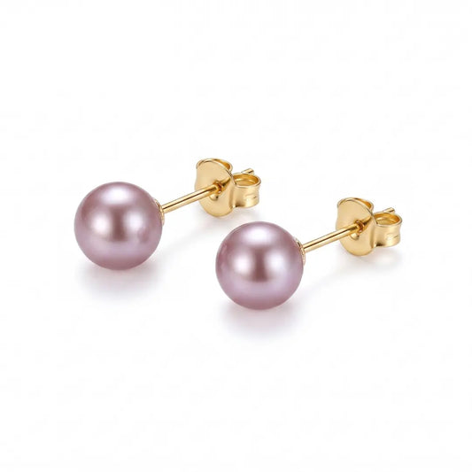 18K Gold Natural Purple Freshwater Pearl Stud Earrings, 5-7.5mm Lavender Pearls