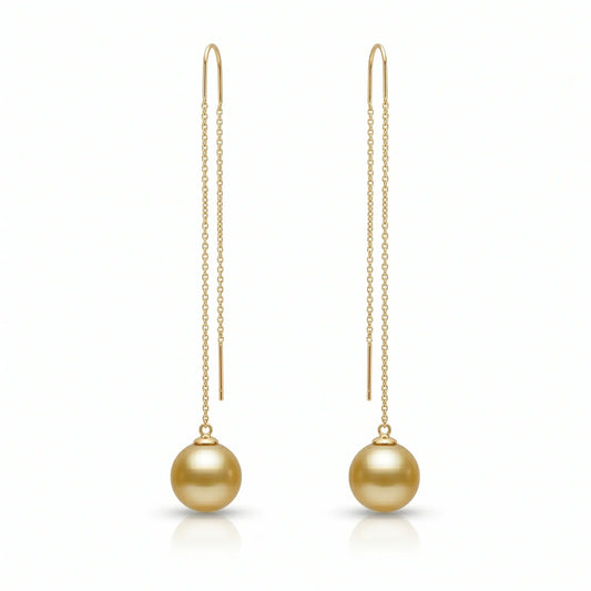 18K Solid Gold South Sea Golden Pearl Threader Earrings, 9-9.5mm Rare Deep Gold Earrings