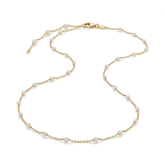 18K Solid Gold Akoya Pearl Station Necklace, 3-3.5mm Dainty Bridal Choker for Wedding Dresses