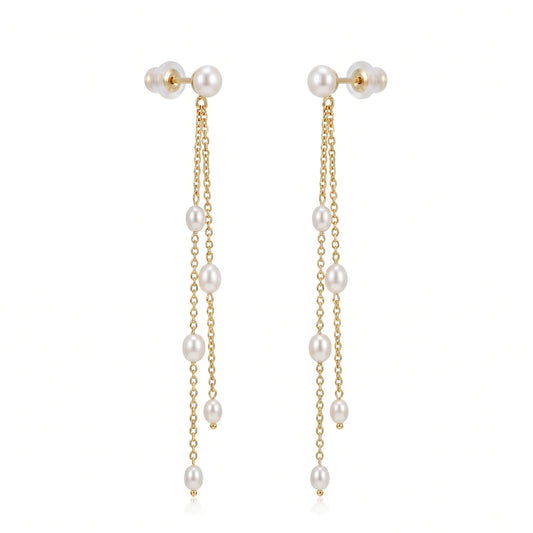 18K Solid Gold Tiny Rice Pearl Tassel Long Drop Earrings
