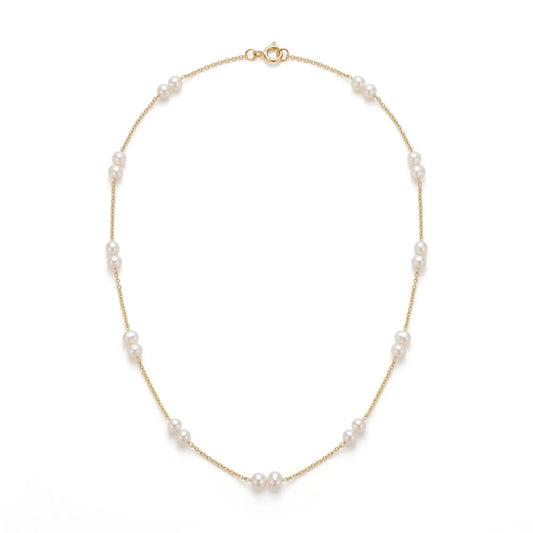 18K Solid Gold Pearl Station Necklace - Dainty 4-4.5mm Round Freshwater Pearl Tin Cup Chain for Women