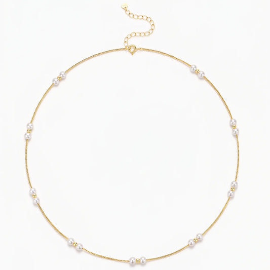 18K Solid Gold Pearl Station Necklace with Gold Beads 3-3.5mm Real Freshwater Pearl Choker