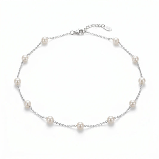 18K White Gold Plated Sterling Silver Pearl Station Necklace