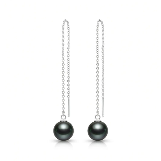 9-9.5mm18K White Gold Tahitian Black Pearl Long Threader Earrings