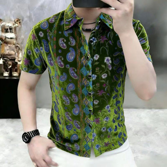 Velvet-colored peacock green retro short-sleeved shirt