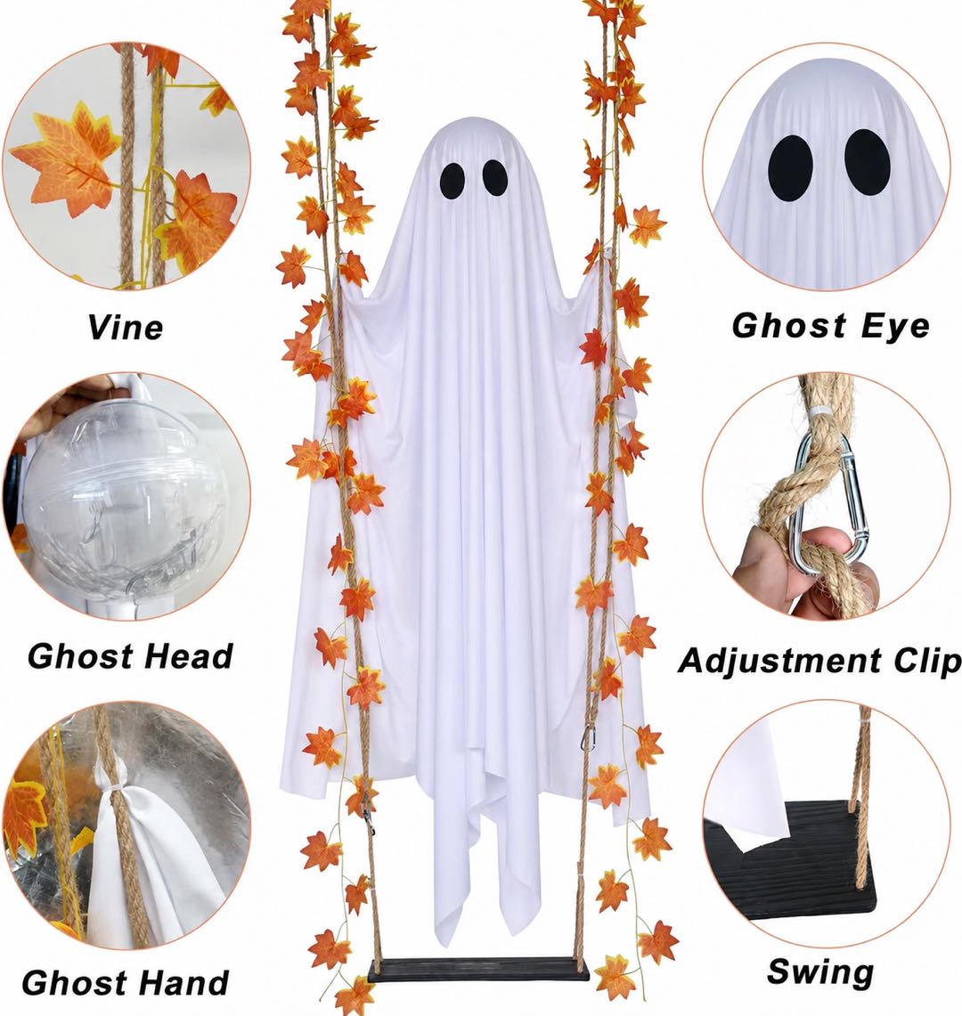 Halloween Glowing Ghost Swing Decoration – Lighted Hanging Ghost with Maple Leaf Vines for Indoor & Outdoor Yard Decor