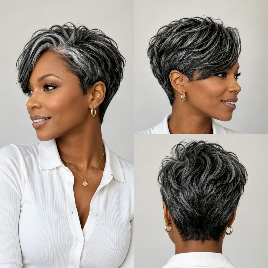 1B Mixed Gray 13x4 Frontal Lace Pixie Short Cut Wig