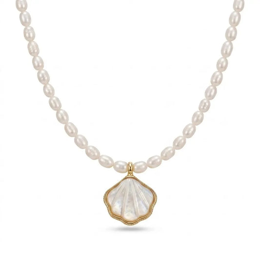 Freshwater Pearl Necklace with Shell Pendant, 4-5mm Dainty White Pearl Jewelry