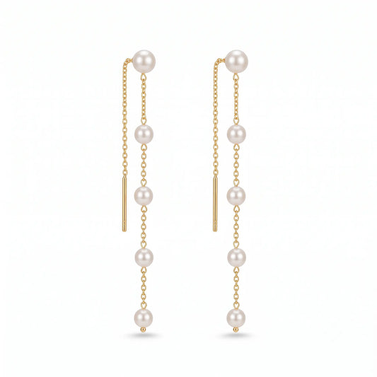 18K Solid Gold Akoya Pearl Ear Threaders - Genuine Japanese Sea Pearl Long Chain Drop Earrings