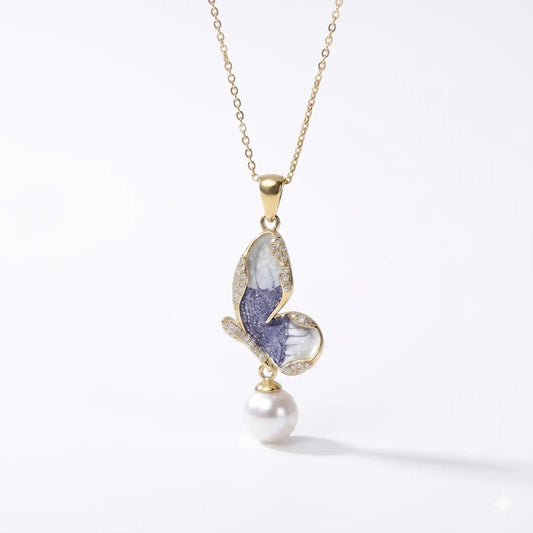 Vintage Enamel Butterfly Akoya Pearl Necklace, 7-7.5mm Japanese Pearl Pendant