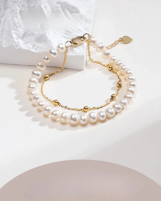 Double-Layer White Pearl Bracelet, Classic 6-7mm Freshwater Pearl Strand for Women