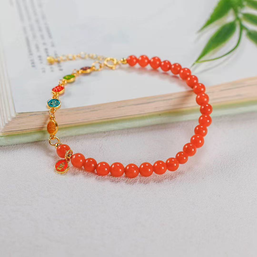 Five Wealth Gods Bracelet – Red Agate Cloisonné Enamel