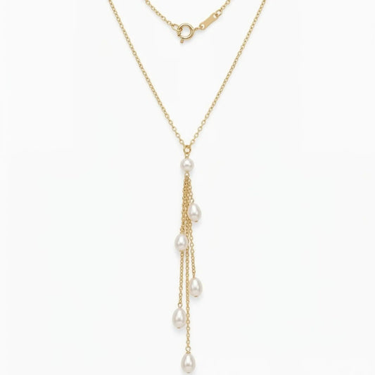 18K Gold Pearl Y-Necklace Minimalist Multi-Stone Lariat Drop Necklace, Freshwater Pearl Tassel Bridal Wedding Jewelry