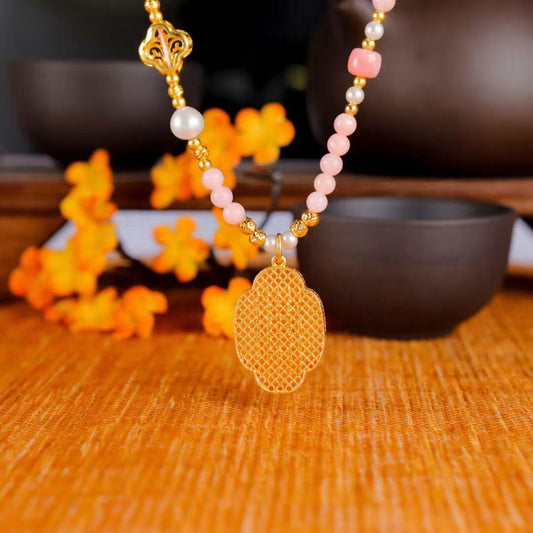 Ganesha Blessing Necklace – Pink Opal, Pearl & Enamel Pendant