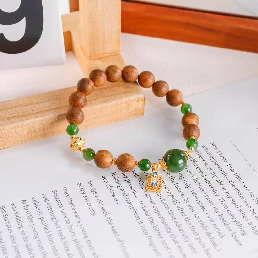 Green Jade Bracelet Great Fortune Agarwood & Cloisonné “Da Ji” Edition