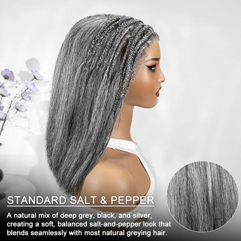 Melody | Salt & Pepper Boho Braid Wig Straight Hair 13x4 Full Frontal Wig - Half Cornrow, Half Loose Style