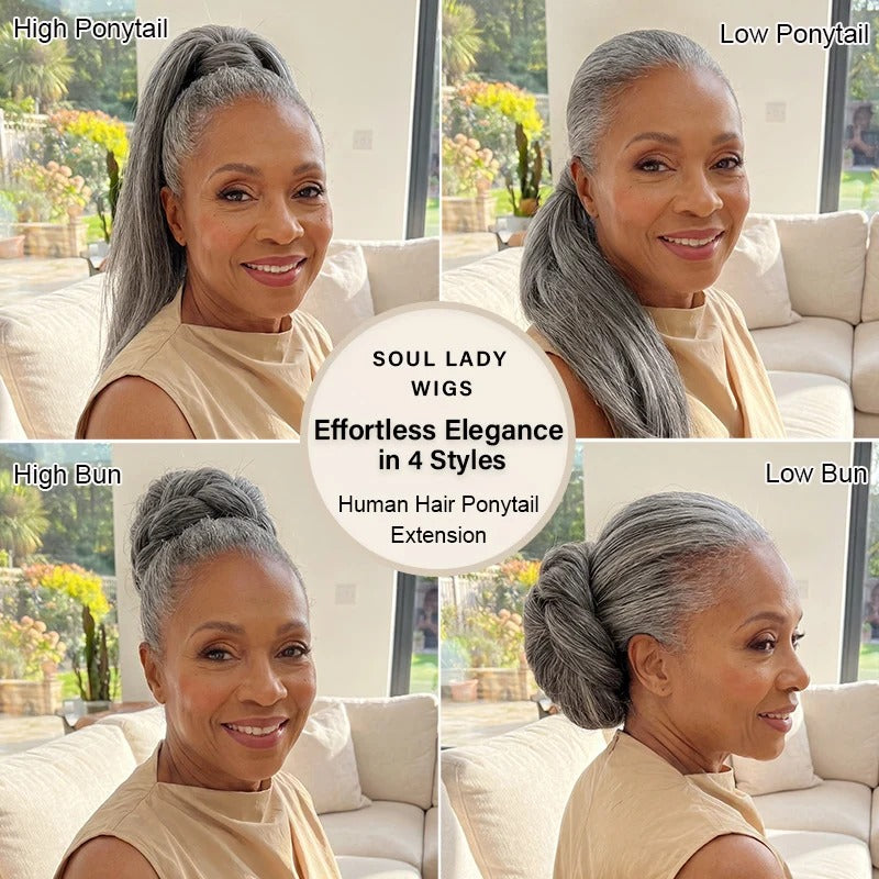 Kathy | Salt and Pepper Wrap Around Ponytail Straight Human Hair Extension – Natural Gray Blend Ponytail Hair Piece for Women