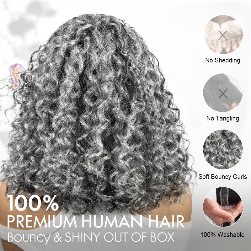 Laura | Boho Braided Curly Human Hair Salt And Pepper Wig Glueless 5x5 Lace Closure Wig with Braided Top