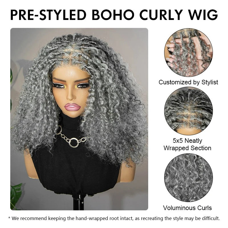 Maggie | Salt & Pepper Boho Curly Human Hair Wig With Hand-Wrapped Root For A Real Scalp Look