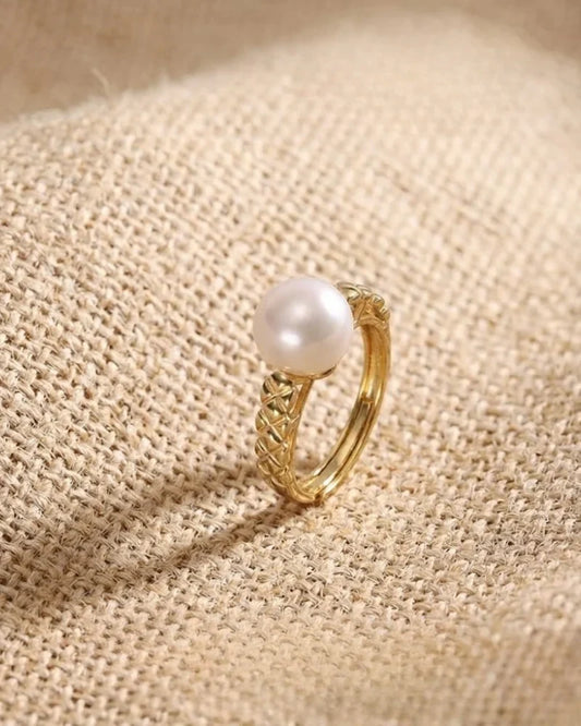 9-9.5mm Large White Pearl Ring, Adjustable 18K Gold Plated S925 Silver Ring