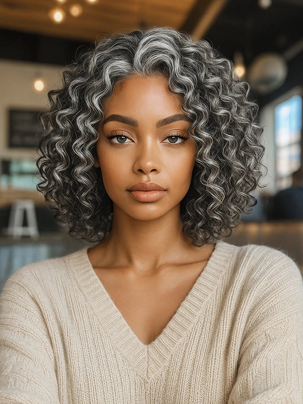 5x5 Gentle Curly Salt And Pepper Glueless Grey Color Pre-Cut Lace Bob Wig