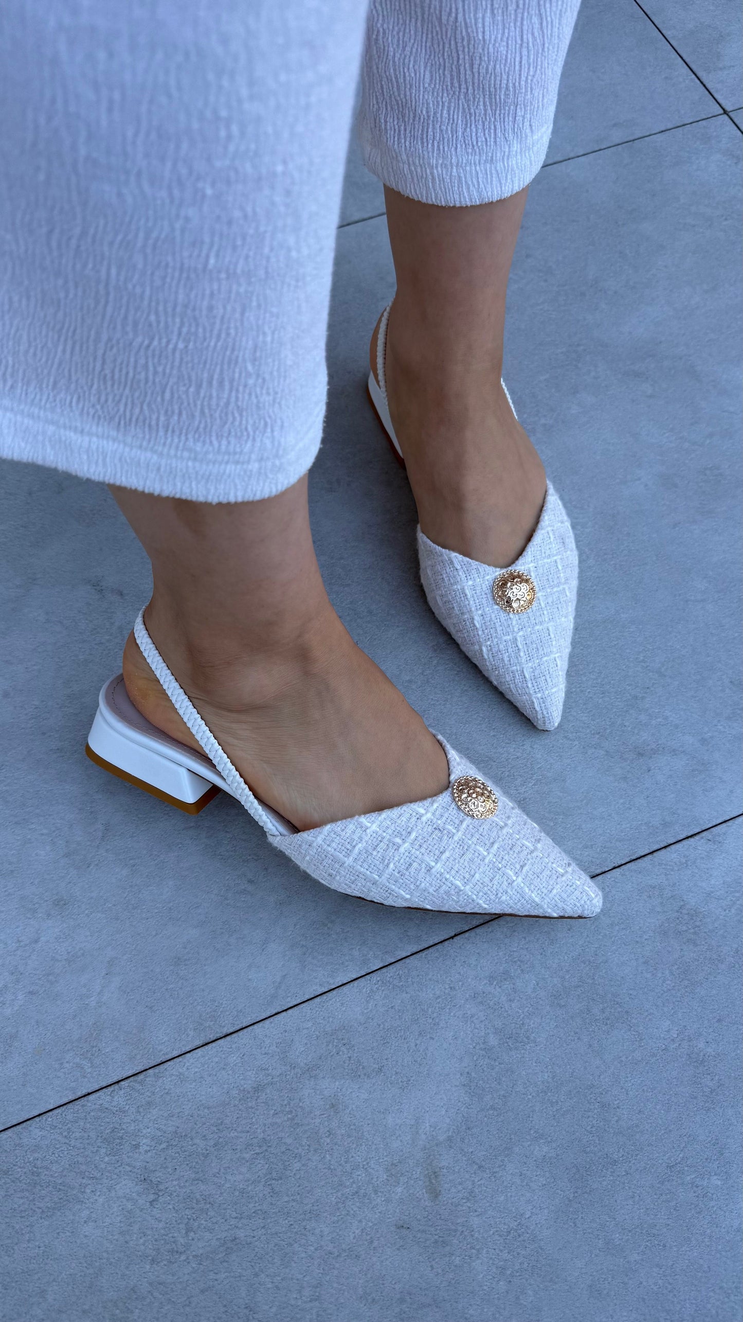 Tweed Ballet Flats with Gold Buckle and Elastic Detail