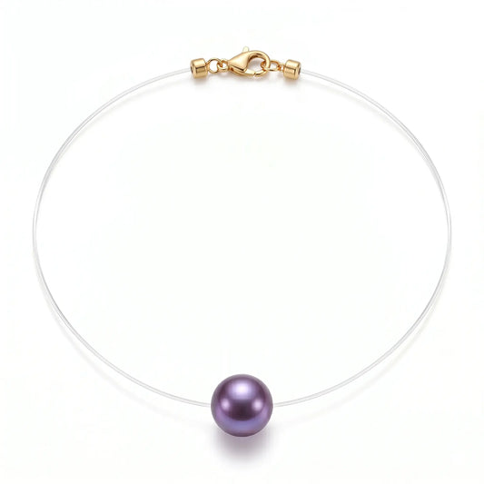 18K Solid Gold Premium Edison Purple Pearl Floating Necklace - Invisible Chain Solitaire