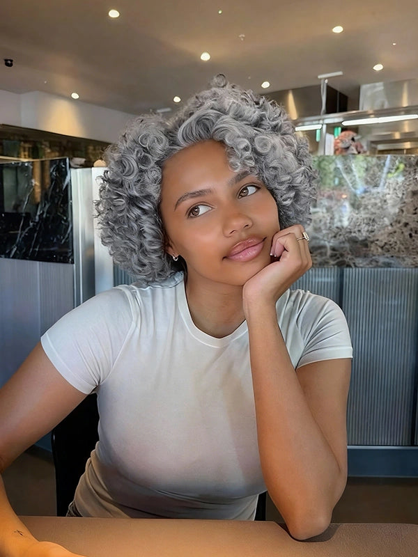 13x4 Salt & Pepper Bouncy Curls Glueless Grey Wig 100% Human Hair