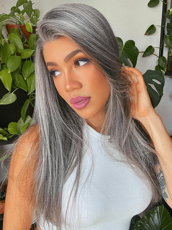 Salt & Pepper Gray Beginner Friendly Glueless Straight Wig 100% Human Hair