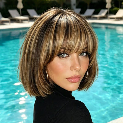Honey Blonde Highlight Straight Bob Wig with Bangs Glueless Human Hair Wigs for Women