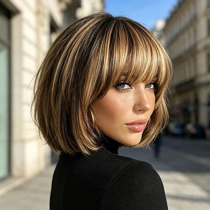 Wear And Go Wigs Honey Blonde Highlight Straight Bob Wig with Bangs Glueless Human Hair Wigs for Women
