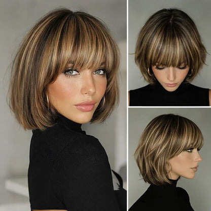 Wear And Go Wigs Honey Blonde Highlight Straight Bob Wig with Bangs Glueless Human Hair Wigs for Women