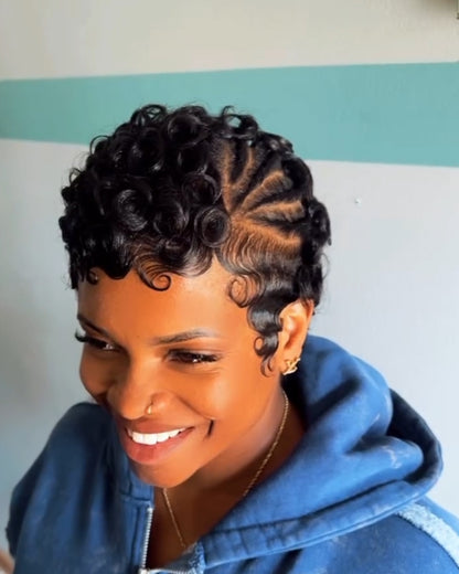 Pixie wig curly Black 100% human hair Glueless