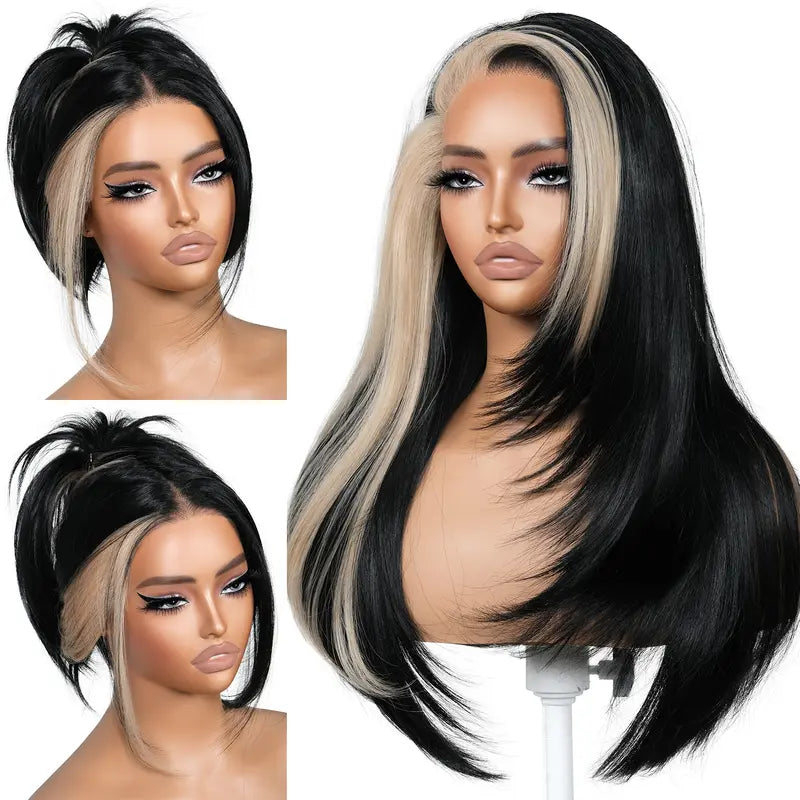 Calico Neapolitan Synthetic Lace Front Wig - 26 Inch, Glueless, Pre-Cut T Lace, Pre-Plucked, Face Framing Bangs, Perfect Middle Part, Airy Heat Resistant, Summer-Ready for Daily Wear, Parties, Heat Resistant Wigs, Synthetic Material Wigs