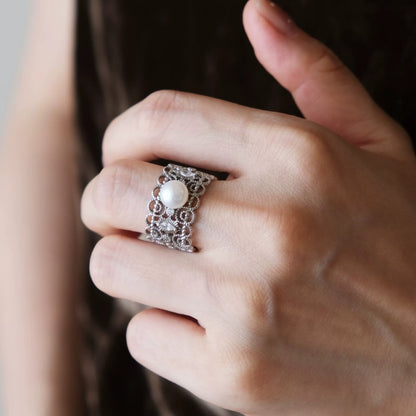Filigree Pearl Ring | Vintage Lace Silver Statement Band