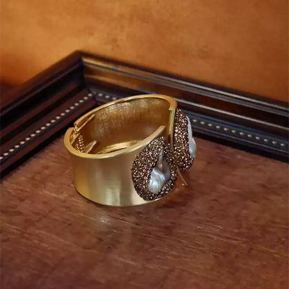 Vintage Wide Pearl Cuff Bracelet | Matte Gold Statement Bangle