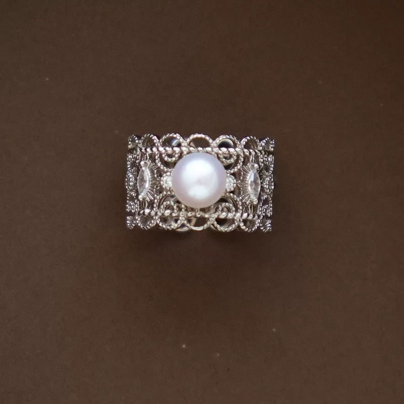 Filigree Pearl Ring | Vintage Lace Silver Statement Band