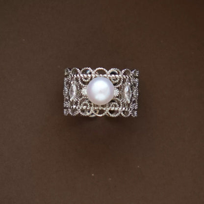 Filigree Pearl Ring | Vintage Lace Silver Statement Band