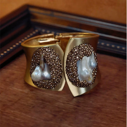 Vintage Wide Pearl Cuff Bracelet | Matte Gold Statement Bangle