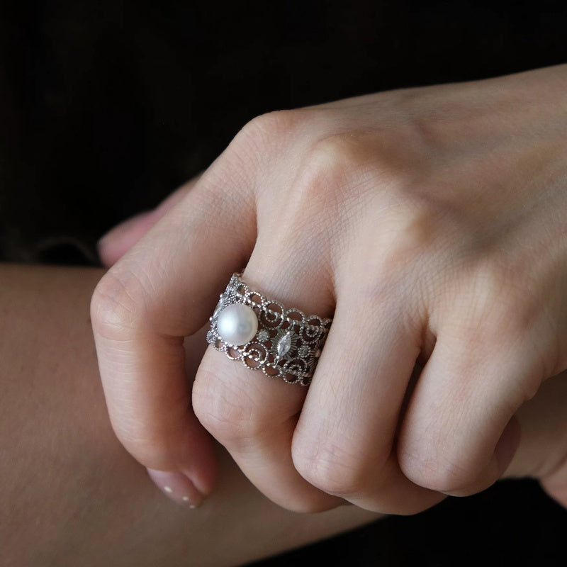 Filigree Pearl Ring | Vintage Lace Silver Statement Band
