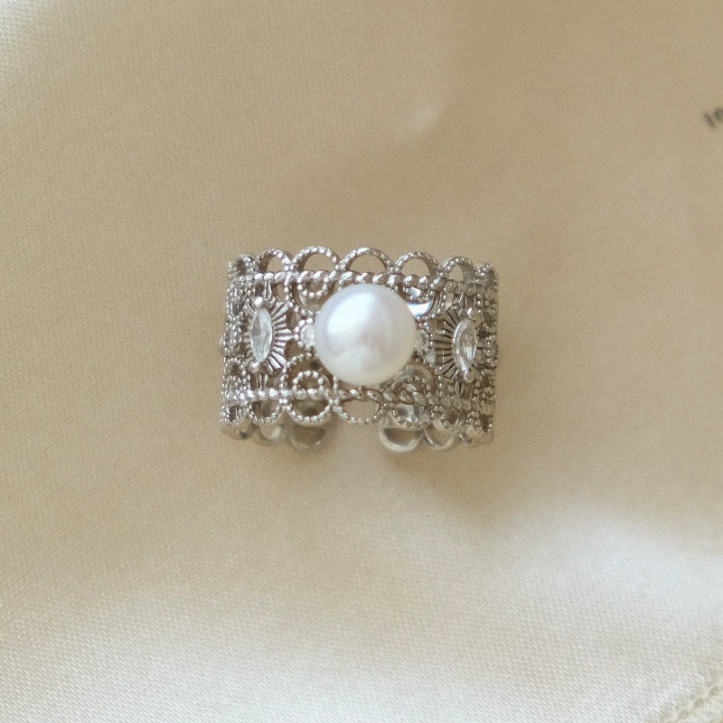 Filigree Pearl Ring | Vintage Lace Silver Statement Band