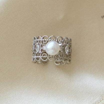 Filigree Pearl Ring | Vintage Lace Silver Statement Band